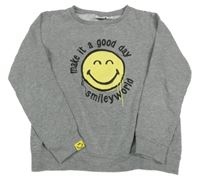 Šedá melírovaná mikina se smajlíkem a nápisy 