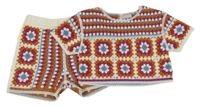 2Set - Bílo-modro-cihlovo-višňové vzorované ažurové plené crop tričko + kraťasy Matalan