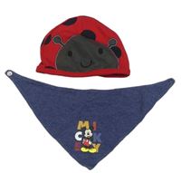 2set- Červená čepice s beruškou + Tmavomodrý slinták s Mickey mousem 