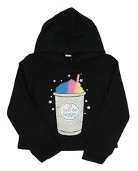 Černá lehká crop mikina s milkshakem a kapucí Shein