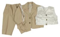 4set - Béžové slavnostní sako + kalhoty + bílá pruhovaná vesta + béžový motýlek