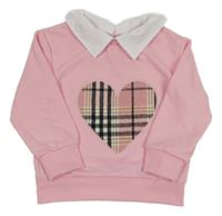 Růžová mikina s kostkovaným srdcem a límečkem Shein