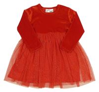 Červené sametovo/tylové šaty s třpytkami Ergee