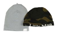 2x čepice - khaki army + modro-bílá pruhovaná