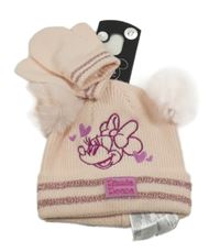 Nové - 2 set - světlerůžová pletená čepice s Minnie + palcové rukavice Primark