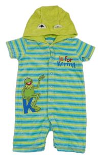 Zeleno-šedý pruhovaný sametový overal s žábou a kapucí George