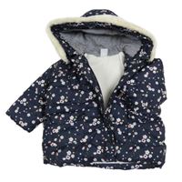 Tmavomodrá květovaná šusťáková zimní bunda s kapucí