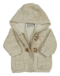 Béžovo-smetanový melírovaný pletený podšitý propínací svetr s kapucí Topomini