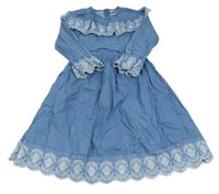 Modré plátěné šaty s madeirou a volánky