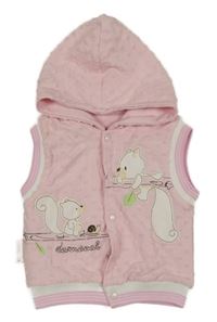 Světlerůžová vzorovaná podšitá propínací tepláková vesta s veverkami a kapucí 