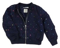 Tmavomodrý šusťákový zateplený bomber s barevnými srdíčky H&M