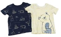 2x tričko - tmavomodré se zvířaty + smetanovo-okrové pruhované s medvědem George