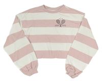 Bílo-růžová pruhovaná crop mikina s potiskem H&M