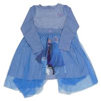 Modré šaty s Annou a Elsou a tylovým pláštěm Disney