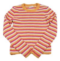 Oranžovo-bílo-růžový pruhovaný žinylkový žebrovaný lehký svetr n. Primark