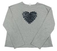 Šedé triko se srdcem s leopardím vzorem a perlami Shein