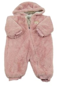 Růžová kožešinová zateplená kombinéza s medvědem a kapucí