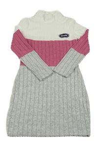 Šedo-růžovo-bílé úpletové žebrované šaty 