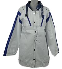 Dámský bílo-tmavomodrý koženkový kabát s cvočky