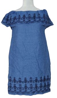 Dámské modré šaty riflového vzhledu s lodičkovým výstřihem a výšivkou 