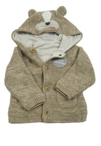 Nové - Hnědý melírovaný podšitý propínací svetr s kapucí- medvěd M&S