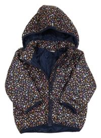 Tmavomodrá květinová šusťáková zateplená bunda s kapucí H&M