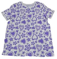 Bílo-fialové tričko se srdíčky a květinami Primark