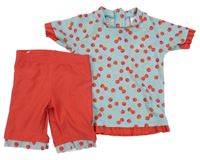 2 set - světlemodré UV tričko s puntíky a třešničkami PUSBLU + červené UV kraťasy 