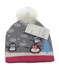 Nové- šedo-růžová čepice s tučňáky 