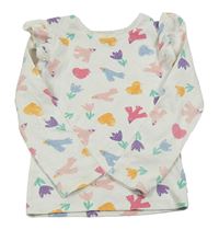 Bílé žebrované triko s ptáčky a volánky F&F