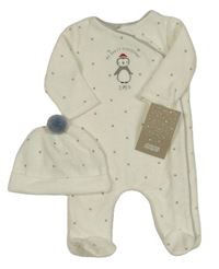 Nové - 2set - Smetanový sametový overal s tučňákem + čepice Mamas&Papas