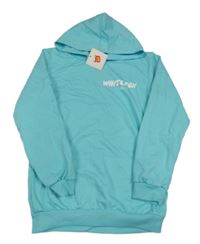 Nové - pomněnková mikina s nápisy a kapsou a kapucí 