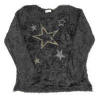 Tmavošedý chlupatý svetr s hvězdami H&M