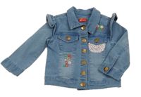 Modrá riflová bunda s kytičkami a volánky 