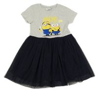 Šedo-tmavomodré bavlněno/tylové šaty s Mimoni 