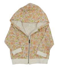 Smetanová propínací mikina s kytičkami a kapucí Dirkje