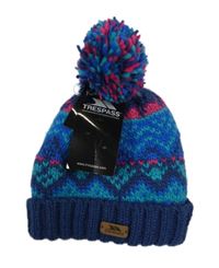 Nové - tmavomodro-modro-tmavorůžová vzorovaná pletená funkční čepice s bambulí TRESPASS