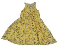 Žluté šifonové šaty s kytičkami a motýlky a flitry Kiki&Koko