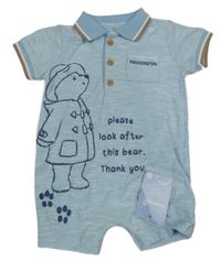 Nové - světlemodrý melírovaný kraťasový overal s medvídkem Paddington a llímečkem George