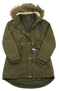 Khaki šusťáková zimní parka s kapucí s kožešinou E-Vie