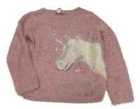 Starorůžový chlupatý svetr s jednorožcem s flitry Monsoon