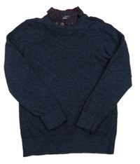 Tmavomodrý melírovaný svetr s košilovým límcem Next