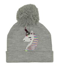 Šedá melírovaná třpytivá čepice s jednorožcem z překlápěcích flitrů Matalan