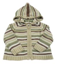 Béžovo-khaki-hnědý pruhovaný propínací svetr s kapucí Mothercare