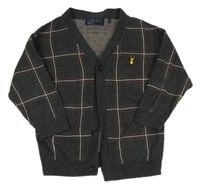 Tmavošedo-hnědo-bílý kostkovaný propínací svetr s nášivkou Next