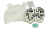 2set - Bílá pletená čepice s oušky + smetanovo-šedé pletené capáčky s pandou vel. 16/17
