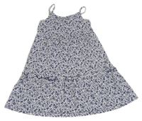 Bílo-tmavomodré bavlněné šaty s listy a zvířaty