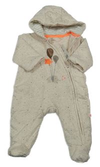 Nové - Béžová melírovaná puntíkatá zateplená kombinéza se slonem s balónky a kapucí Mothercare