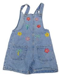Modré riflové laclové kraťasy s výšivkami květin a palem Denim Co.