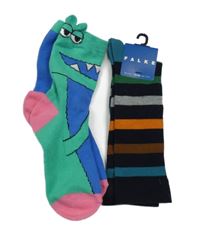 Nové - 2x ponožky - zelené s dinem + tmavomodro-barevné pruhované ponožky 